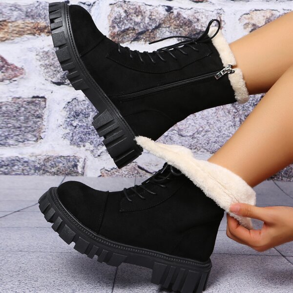 

Minimalist Lace-up Front Plush Inside Chunky Boots, Black