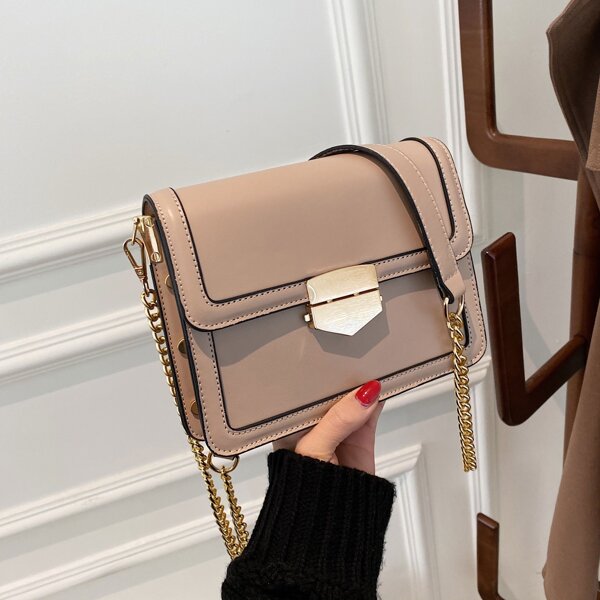 

Minimalist Metal Lock Chain Square Bag, Khaki