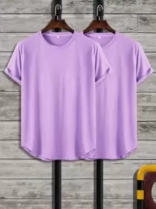 Manfinity Homme 2 paquetes de camisetas cuello redondo sólidas para hombres - Púrpura malva - Ver 1