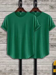 Manfinity Homme Hombres 2 paquetes de camisetas de cuello redondo de un solo color - Verde Oscuro - Ver 1