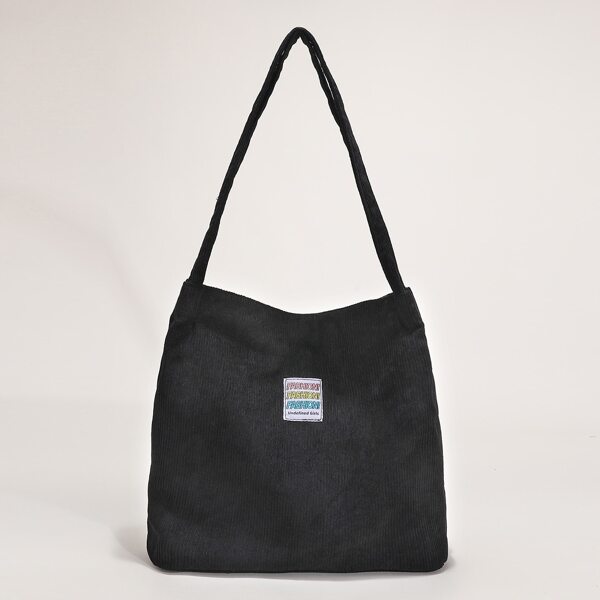 

Letter Patch Corduroy Shoulder Tote Bag, Black