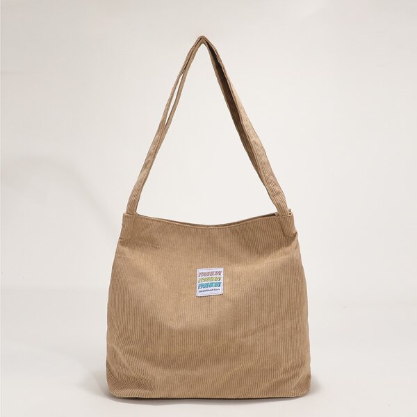 

Letter Patch Corduroy Shoulder Tote Bag, Brown