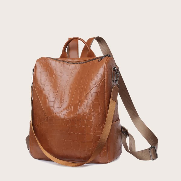 

Crocodile Embossed Functional Backpack, Brown