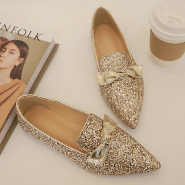 

Bow Decor Glitter Point Toe Loafers, Gold