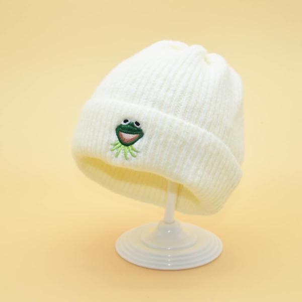 

Toddler Kids Frog Embroidered Beanie, White