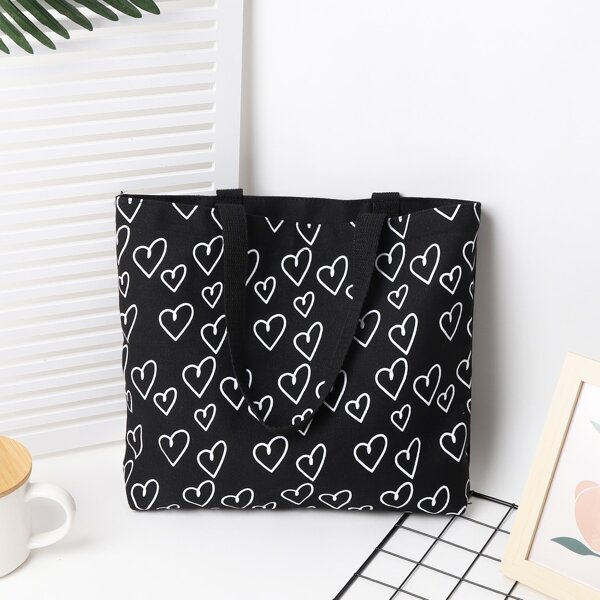 

Heart Graphic Shoulder Tote Bag, Black