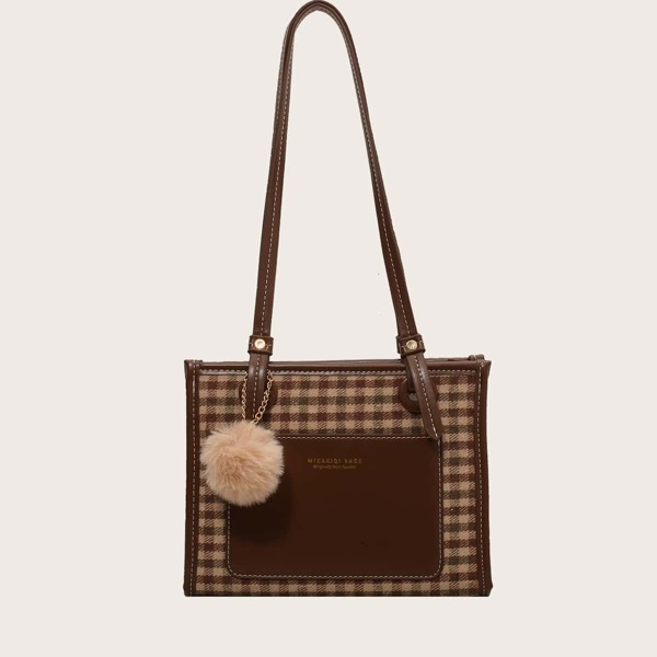 

Gingham Pom-pom Decor Shoulder Tote Bag, Multicolor