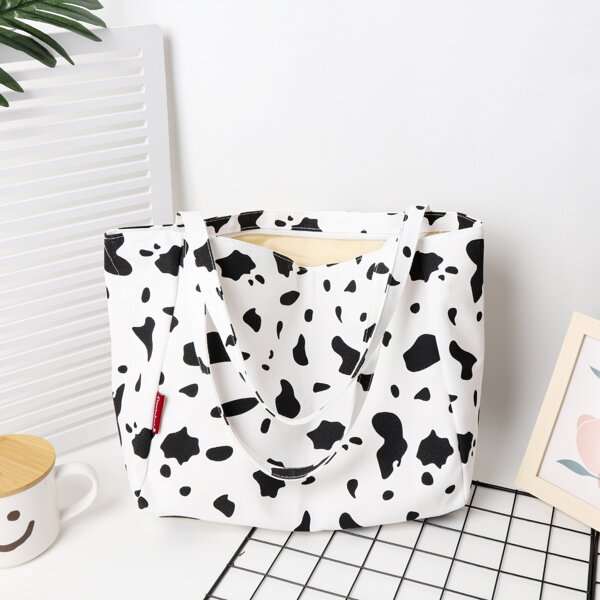 

Cow Pattern Canvas Shoulder Tote Bag, Black and white