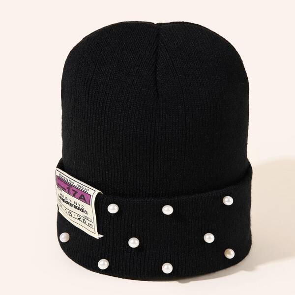

Faux Pearl Decor Beanie, Black