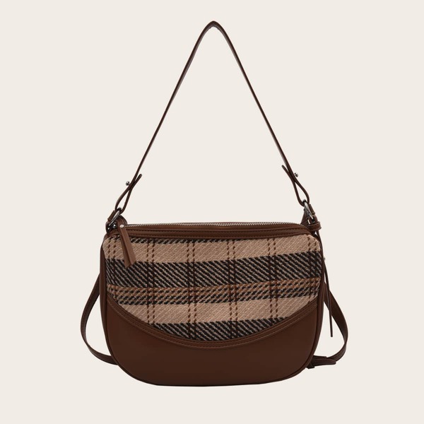 

Plaid Pattern Baguette Bag, Multicolor