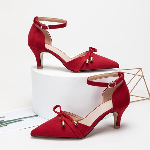 

Minimalist Bow Decor Ankle Strap Court Pumps, Red
