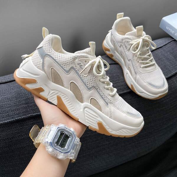 

Men Colorblock Mesh Panel Chunky Sneakers, Beige