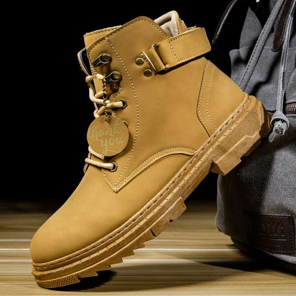 

Men Letter Graphic Lace-up Front Combat Boots, Brown