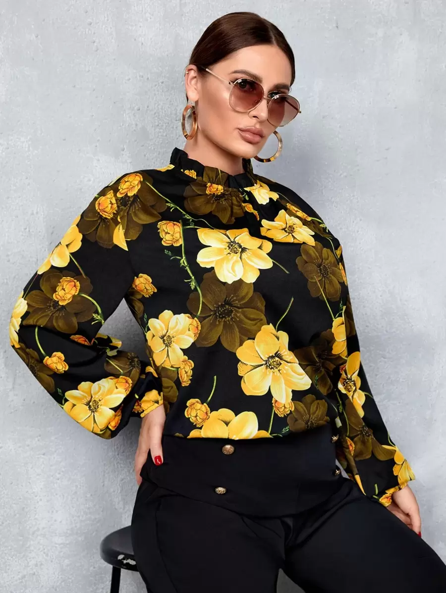 SHEIN Clasi Blusa con estampado floral cuello de volante de manga obispo - Multicolor - Ver 1