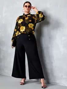 SHEIN Clasi Blusa con estampado floral cuello de volante de manga obispo - Multicolor - Ver 4