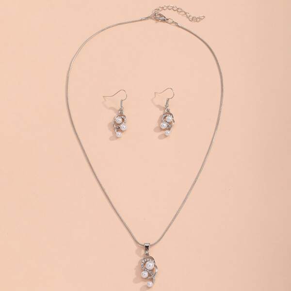 

Faux Pearl & Rhinestone Decor Necklace & Drop Earrings, Multicolor