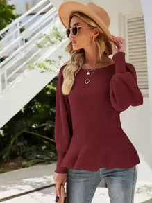 Lantern Sleeve Peplum Jumper - Burgundy - View 1