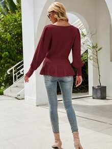Lantern Sleeve Peplum Jumper - Burgundy - View 2