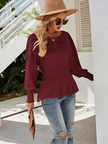Lantern Sleeve Peplum Jumper - Burgundy - View 3