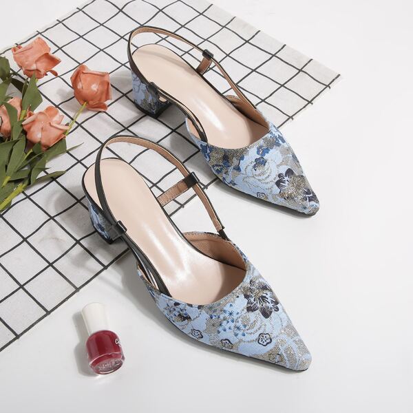 

Floral Graphic Glitter Decor Chunky Heeled Slingback Pumps, Multicolor