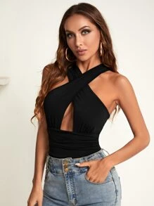 Allurite Cross Wrap Cut Out Bodysuit - Black - View 5