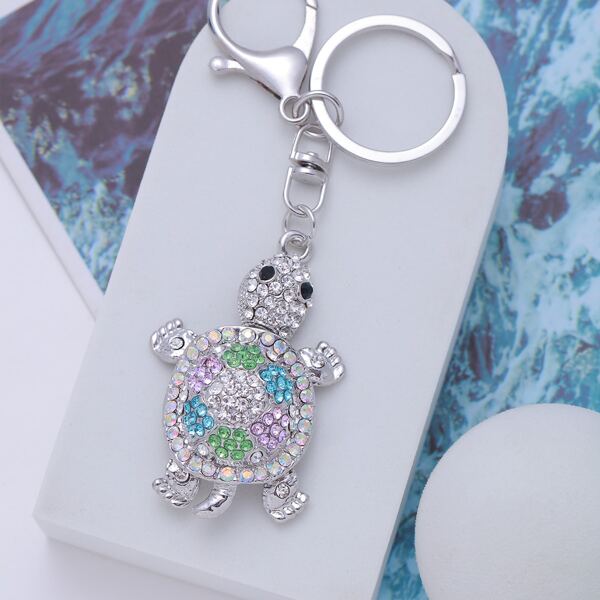 

Rhinestone Decor Turtle Charm Keychain, Silver