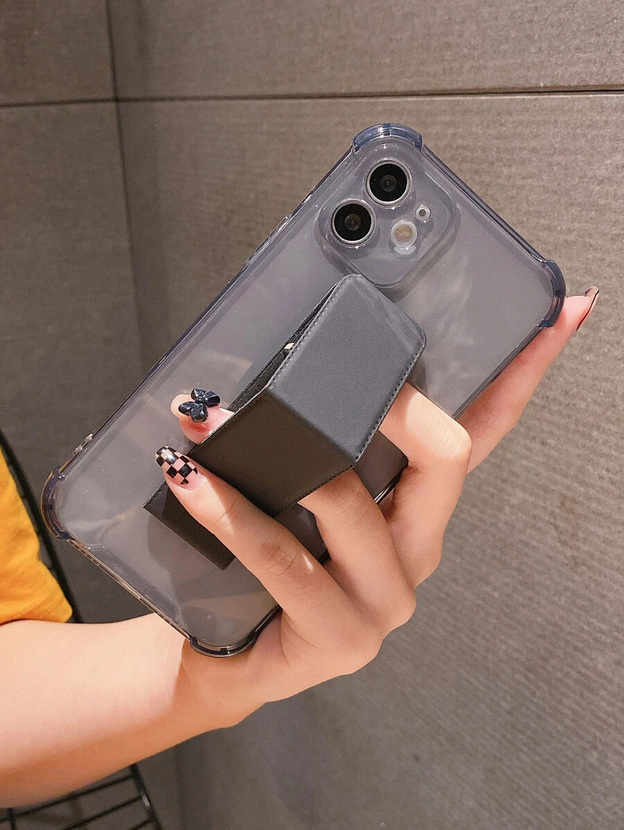 iPhone 11、iPhone 13、iPhone 14 Pro Max適用的透明手機殼，帶折疊支架 - 黑色 - 查看 1