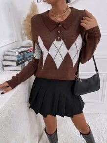 Argyle Pattern Polo Neck Jumper - Multicolor - View 1