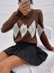 Argyle Pattern Polo Neck Jumper - Multicolor - View 3