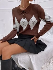 Argyle Pattern Polo Neck Jumper - Multicolor - View 4