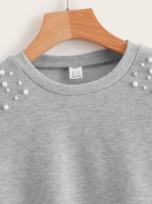 SHEIN Áo nỉ Gái cườm đính Ngọc trai màu trơn Giải trí - Màu Xám nhạt - Xem 3