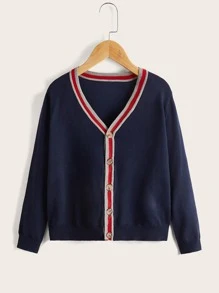 SHEIN Boys Striped Trim Cardigan - Navy Blue - View 1