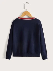 SHEIN Boys Striped Trim Cardigan - Navy Blue - View 2