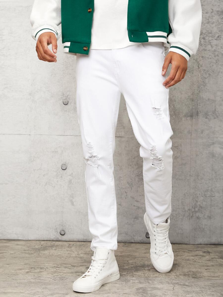 Manfinity 男士斜口袋破洞牛仔褲 - 白色 - 查看 1