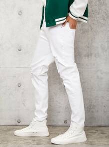 Manfinity 男士斜口袋破洞牛仔褲 - 白色 - 查看 3