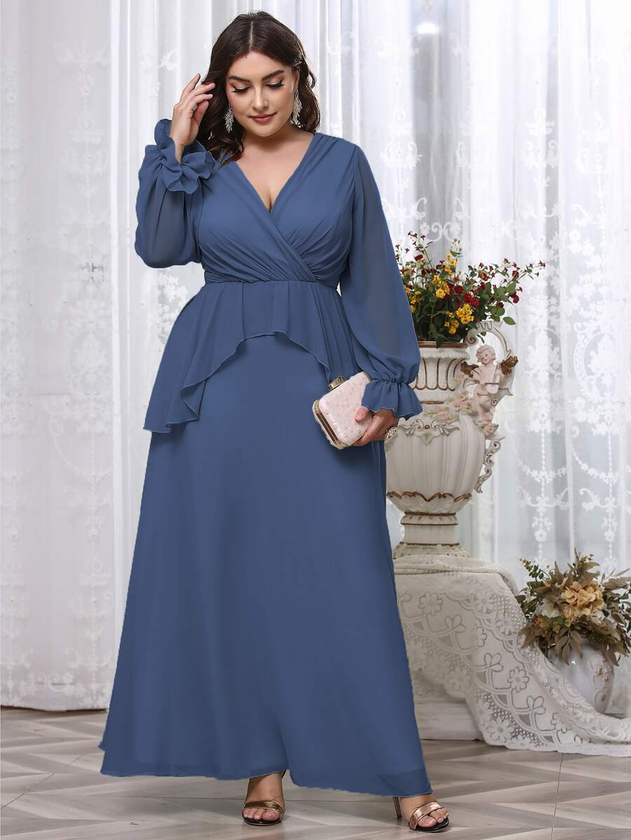 SHEIN Unity Đầm Plus Size Xù màu trơn Lãng mạn - Màu xanh lam - Xem 1