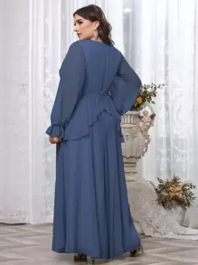 SHEIN Unity Plus Ruffle Trim Flounce Sleeve Overlap Collar Chiffon Dress - Blue - View 2