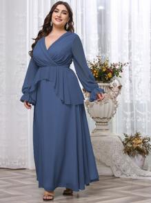 SHEIN Unity Plus Ruffle Trim Flounce Sleeve Overlap Collar Chiffon Dress - Blue - View 3