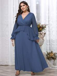 SHEIN Unity Plus Ruffle Trim Flounce Sleeve Overlap Collar Chiffon Dress - Blue - View 4