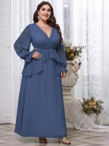 SHEIN Unity Plus Ruffle Trim Flounce Sleeve Overlap Collar Chiffon Dress - Blue - View 5