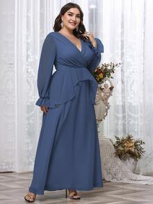 SHEIN Unity Plus Ruffle Trim Flounce Sleeve Overlap Collar Chiffon Dress - Blue - View 6