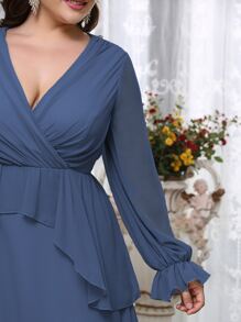 SHEIN Unity Plus Ruffle Trim Flounce Sleeve Overlap Collar Chiffon Dress - Blue - View 7