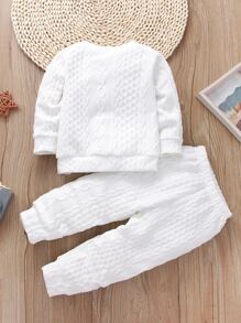 SHEIN 小男童紋理質感插肩袖套頭衫和衛褲 - 白色 - 查看 2
