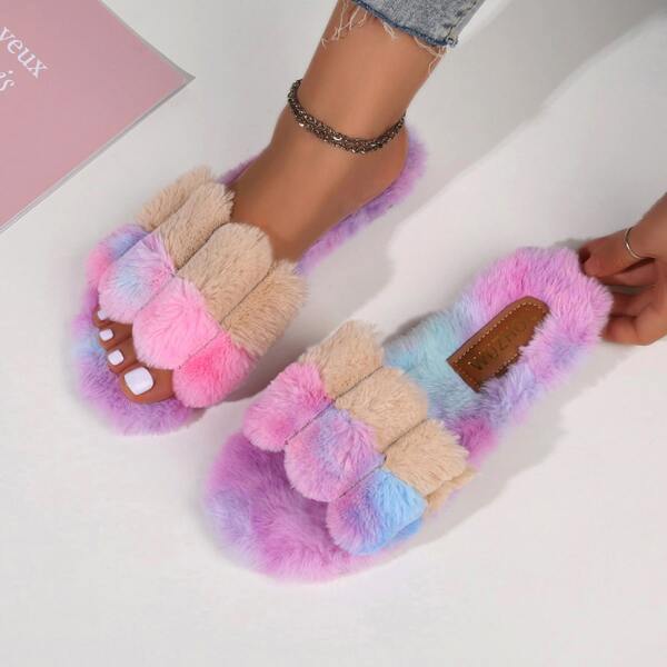 

Colorblock Fluffy Slide Sandals, Multicolor