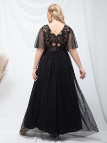 SHEIN Belle Plus Floral Embroidery Sequin Insert Butterfly Sleeve Mesh Prom Dress - Black - View 2