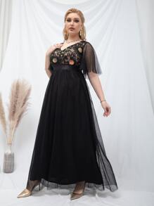 SHEIN Belle Plus Floral Embroidery Sequin Insert Butterfly Sleeve Mesh Prom Dress - Black - View 3