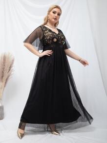 SHEIN Belle Plus Floral Embroidery Sequin Insert Butterfly Sleeve Mesh Prom Dress - Black - View 4