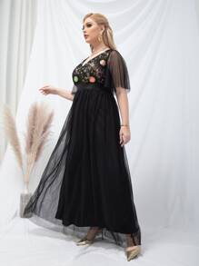 SHEIN Belle Plus Floral Embroidery Sequin Insert Butterfly Sleeve Mesh Prom Dress - Black - View 5