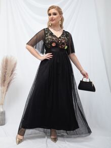 SHEIN Belle Plus Floral Embroidery Sequin Insert Butterfly Sleeve Mesh Prom Dress - Black - View 6