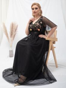 SHEIN Belle Plus Floral Embroidery Sequin Insert Butterfly Sleeve Mesh Prom Dress - Black - View 7